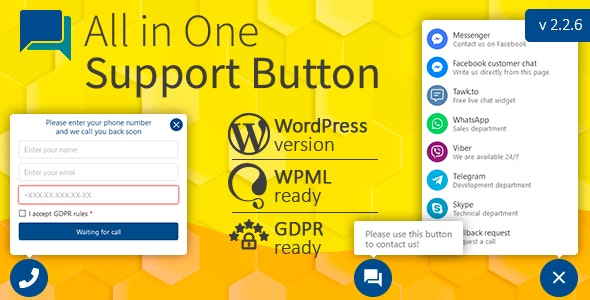 All in One Support Button + Callback Request. WhatsApp, Messenger, Telegram, LiveChat and more…